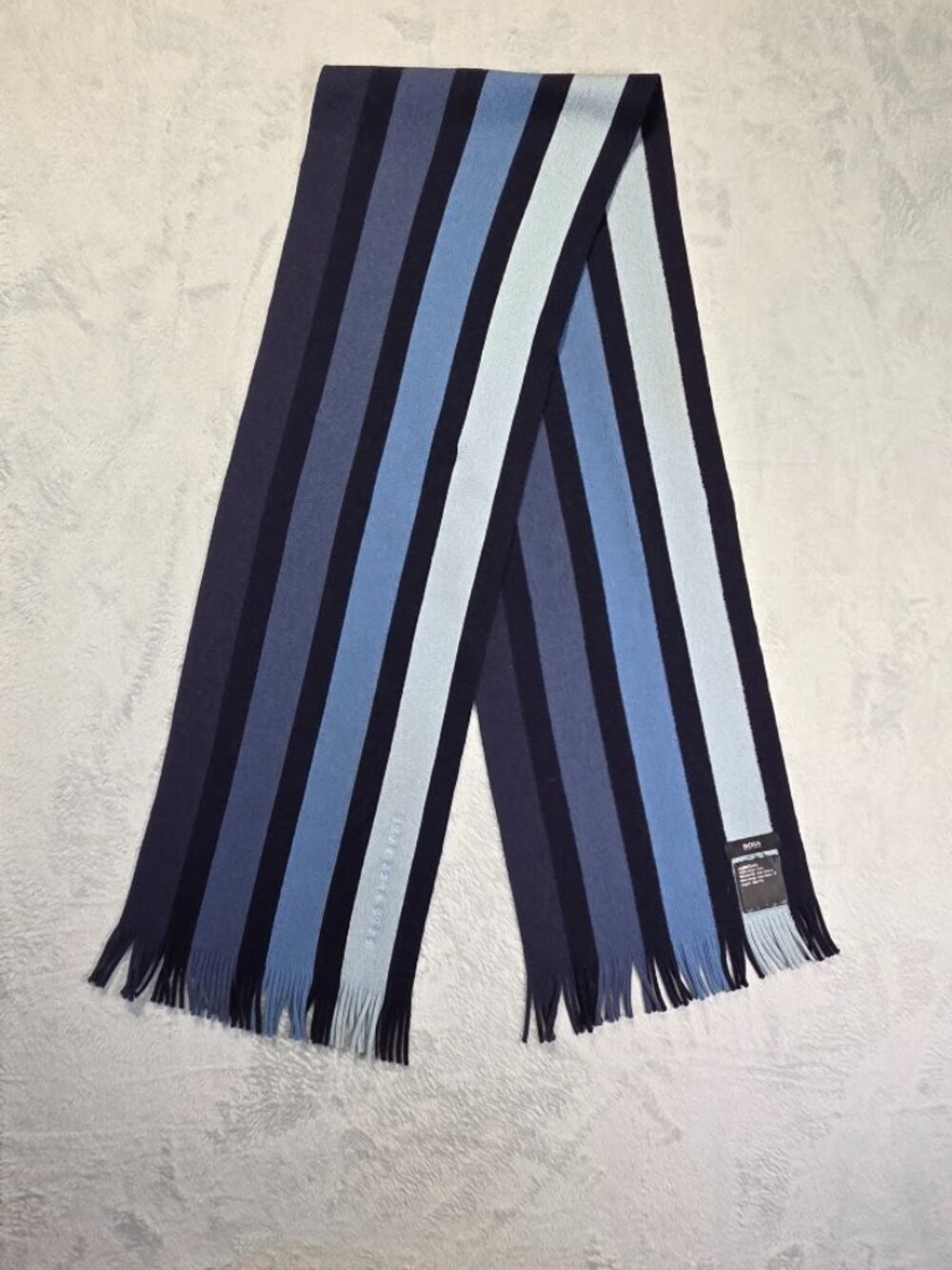 HUGO BOSS Men Blue Striped 100% Virgin Wool Knit Winter Scarf Fringe Designer